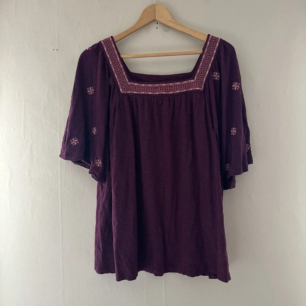 J JIll Womens Boho Top Size M Purple Knit Embroidered Square Neck Mature Casual - Picture 1 of 9